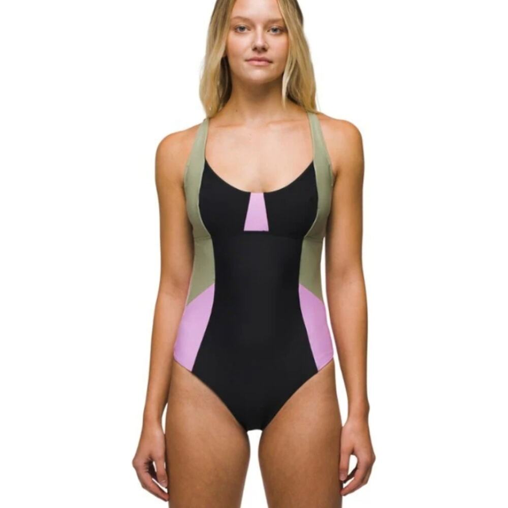 NWT prAna Tulum One-Piece Swimsuit Black Pink Green Colorblock Padded XS Sporty